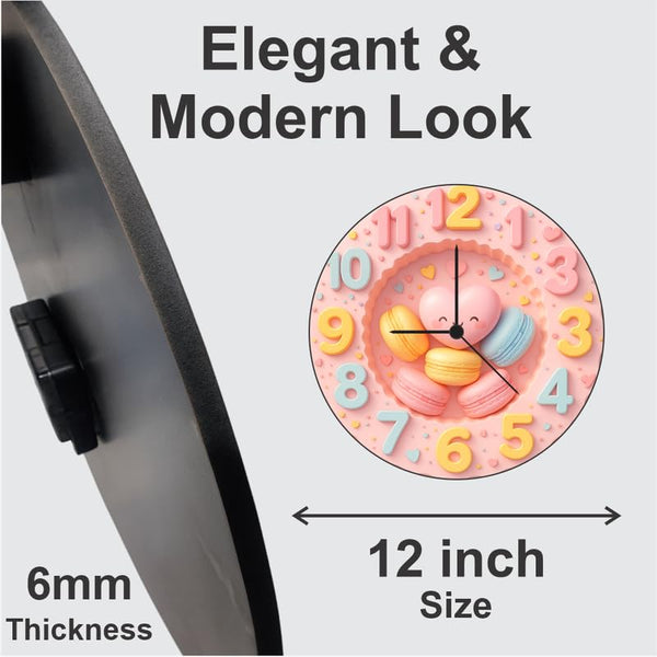 3D Macaron Heart Wall Clock 12 Inch Wooden Round Clock – Cute Dessert Theme Decor for Bedroom and Kids Room