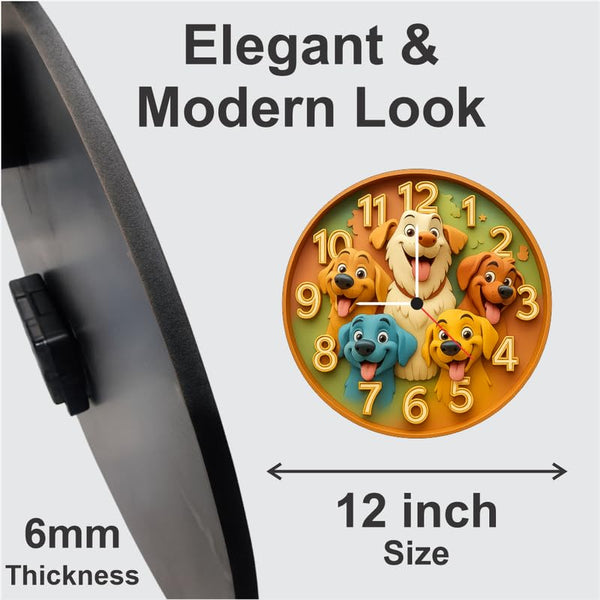 Cartoon Puppies Wall Clock 12 Inch | Colourful Dog-Themed Decorative Clock for Kids Bedroom & Playroom for All Occasions