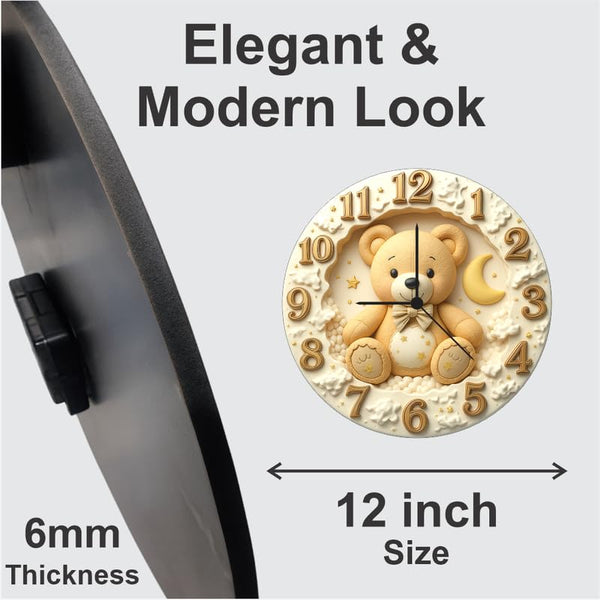Baby Teddy Wall Clock 12 Inch – Cute Nursery & Kids Room Clock for Baby Shower Gift & Home Décor