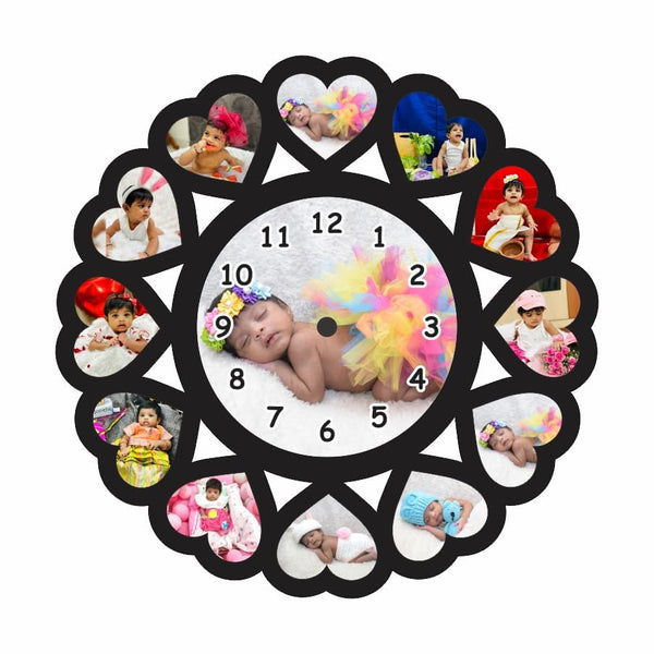 The Magical Gifts Personalized Baby Photo Wall Clock with 13 Picture Slots Unique Heart Design Gift for Newborn Baby Shower Birthday Nursery Keepsake Room D?cor Clock (12 X 12 Inch)