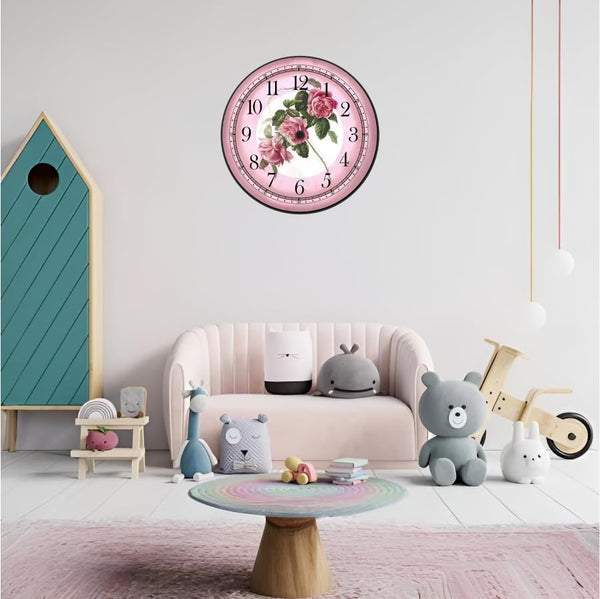 THE MAGICAL GIFTS Elegant Pink Rose Wall Clock Silent Non Ticking Floral Clock Gift for Mom Girls Wife Bedroom Living Room Nursery Office Romantic Decor (12 INCH)