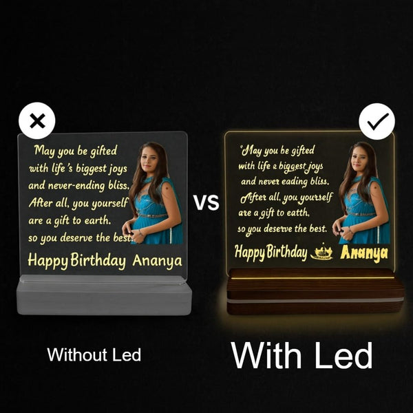 Personalized Acrylic LED Photo Frame with Wooden Base | Custom Birthday Gift with Name & Picture | Engraved Message Lamp with 12V Adapter (6x8 inch)