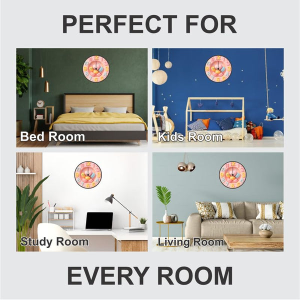 3D Macaron Heart Wall Clock 12 Inch Wooden Round Clock – Cute Dessert Theme Decor for Bedroom and Kids Room