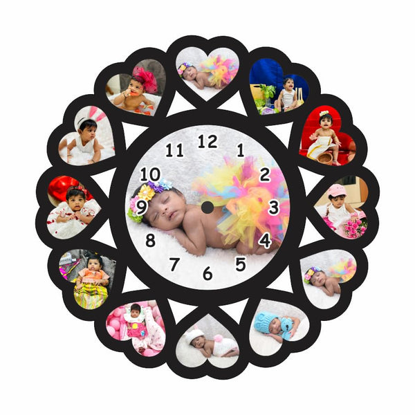 The Magical Gifts Personalized Baby Photo Wall Clock with 13 Picture Slots Unique Heart Design Gift for Newborn Baby Shower Birthday Nursery Keepsake Room D?cor Clock (12 X 12 Inch)