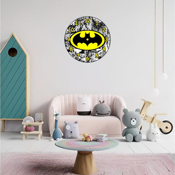 Superhero Batman Comic Wall Clock, Black and Yellow Logo Design Best for Return Gift Birthday | Kids | Room | Home | Office (12 INCH)