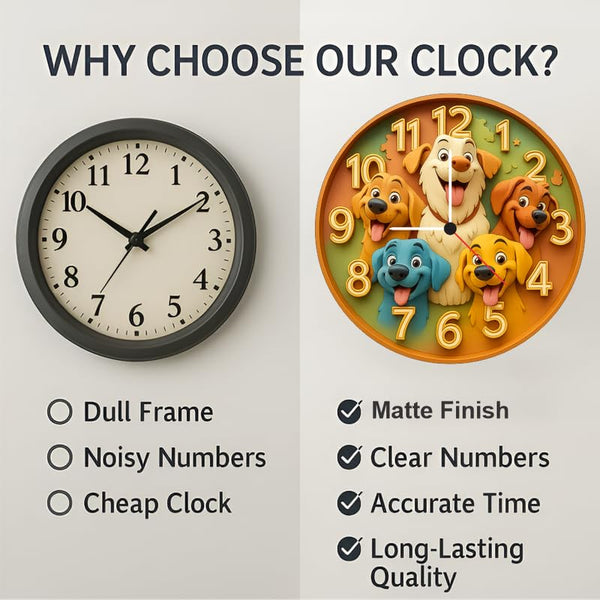 Cartoon Puppies Wall Clock 12 Inch | Colourful Dog-Themed Decorative Clock for Kids Bedroom & Playroom for All Occasions