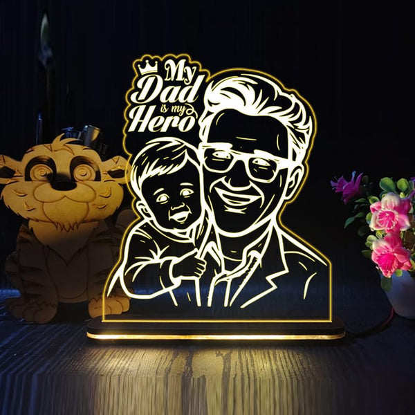 Personalised Fathers Day Gift My Dad is My Hero Acrylic LED Lamp Customised with Your Photo Unique Present for Dad from Son or Daughter for Birthday or Special Day 4X6