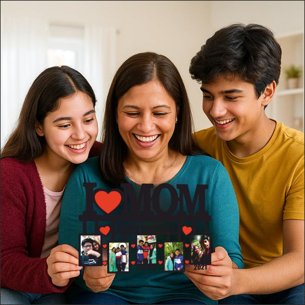 THE MAGICAL GIFT, Customized I Love Mom Photo Frame � Personalized Birthday Gift for Mother � Happy Birthday Wooden Picture Frame with Photos � Unique Mom Gift from Son Daughter � Decorative Wall Collage Frame