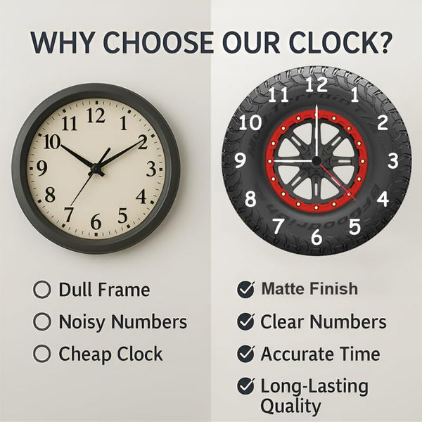 Customized Tire Wheel Wall Clock with Name | 12 Inch 6mm MDF Matte Finish | Personalized Automotive Design Clock