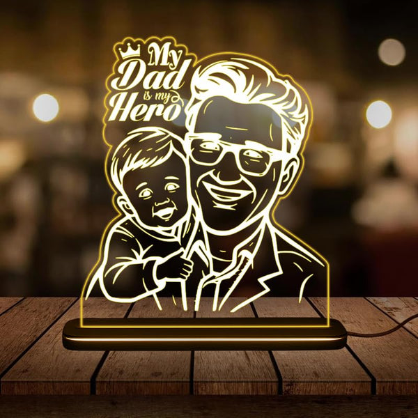 Personalised Fathers Day Gift My Dad is My Hero Acrylic LED Lamp Customised with Your Photo Unique Present for Dad from Son or Daughter for Birthday or Special Day 4X6