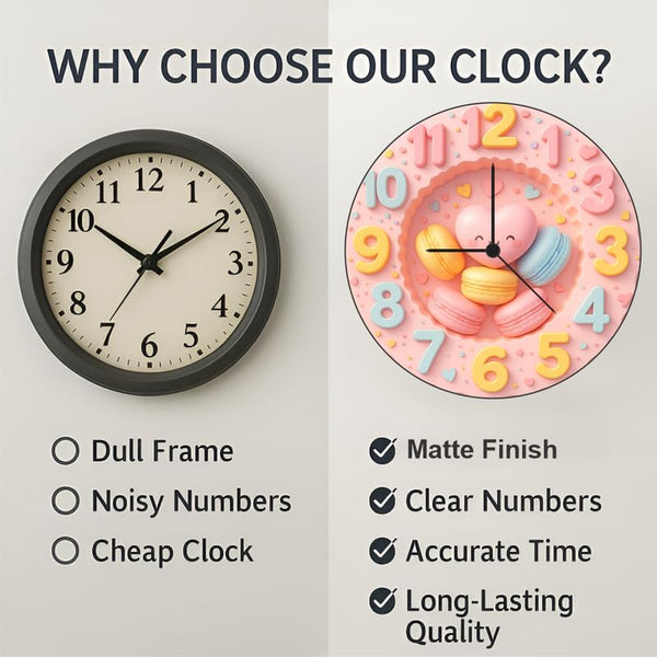 3D Macaron Heart Wall Clock 12 Inch Wooden Round Clock – Cute Dessert Theme Decor for Bedroom and Kids Room