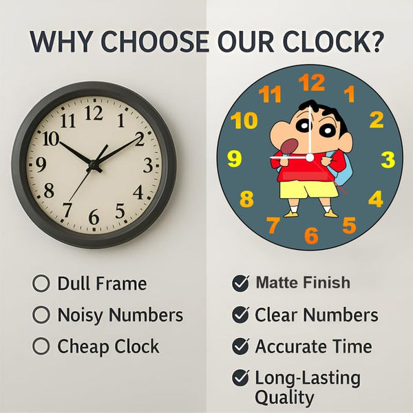 Customized Shinchan Wall Clock with Name | 12 Inch 6mm MDF Matte Finish | Personalized Cartoon Kids Wall Clock