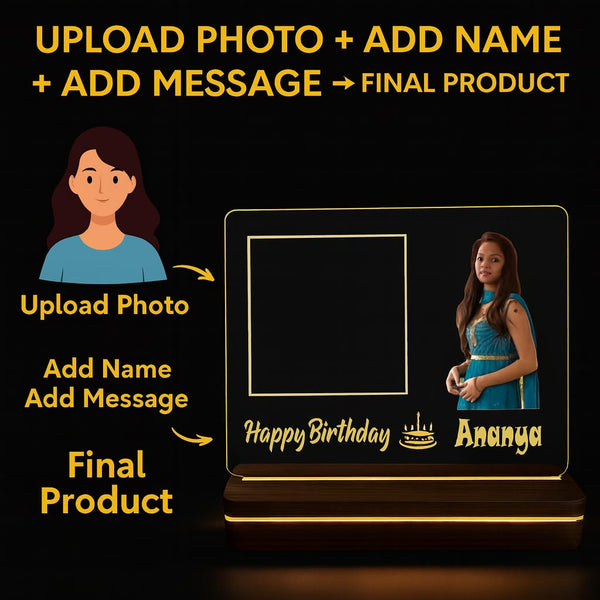 Personalized Acrylic LED Photo Frame with Wooden Base | Custom Birthday Gift with Name & Picture | Engraved Message Lamp with 12V Adapter (6x8 inch)