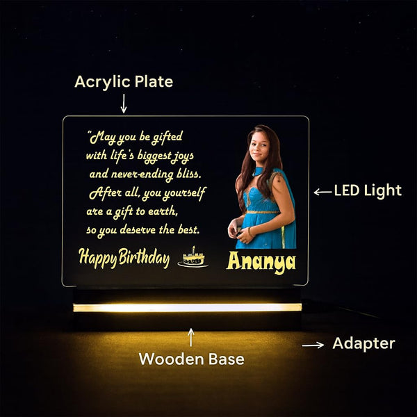 Personalized Acrylic LED Photo Frame with Wooden Base | Custom Birthday Gift with Name & Picture | Engraved Message Lamp with 12V Adapter (6x8 inch)