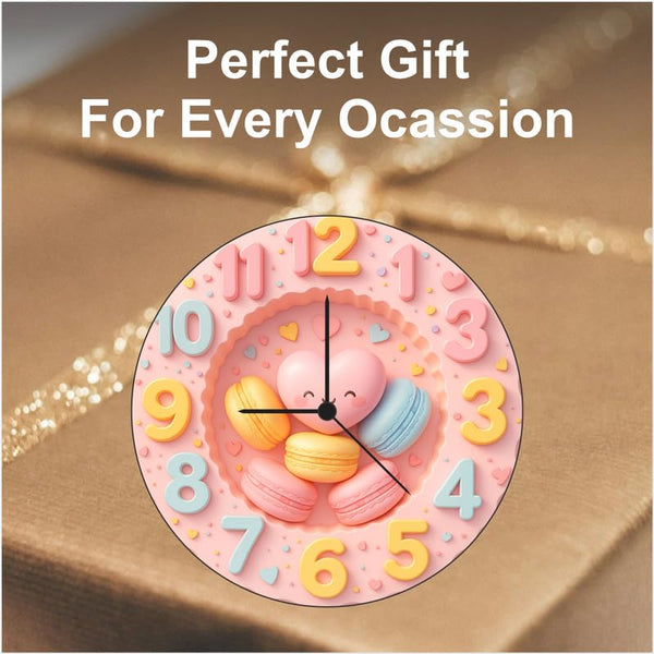 3D Macaron Heart Wall Clock 12 Inch Wooden Round Clock – Cute Dessert Theme Decor for Bedroom and Kids Room