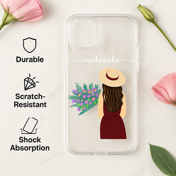 MAGIC Custom Name Transparent Floral Phone Case for Women – Aesthetic Girl Illustration Back Cover | Trendy Gift for Festivals & Birthdays