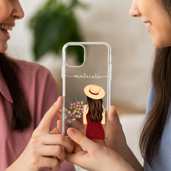 MAGIC Custom Name Transparent Floral Phone Case for Women – Aesthetic Girl Illustration Back Cover | Trendy Gift for Festivals & Birthdays