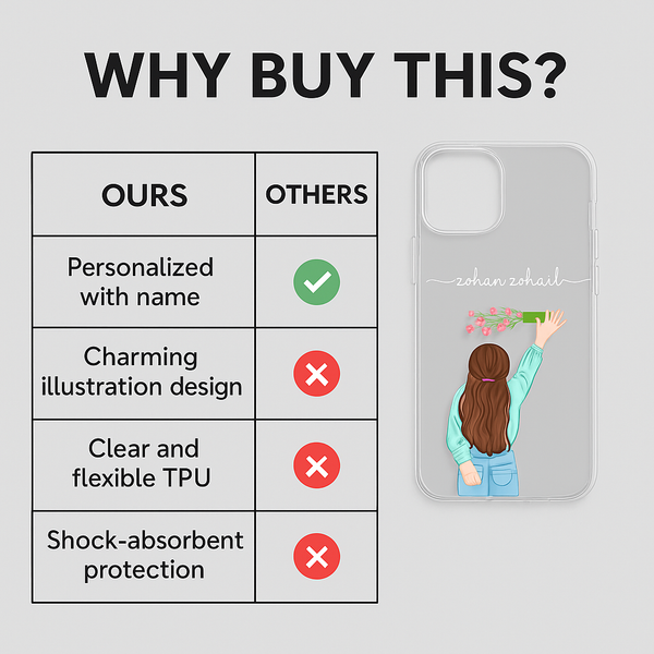 Personalized Girl Illustration Phone Cover – Transparent Case with Custom Name | Ideal Gift for Friends Festivals & Travel