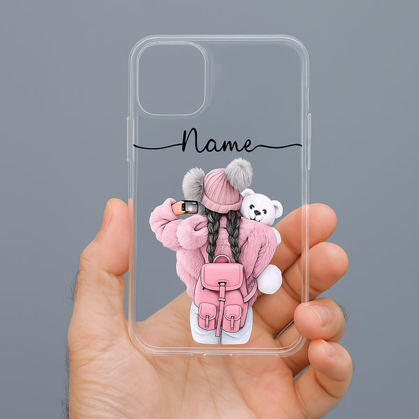 Personalized Silicone Transparent Mobile Case – Soft Shockproof Cover with Custom Name for Girls | Cute Pink Winter Girl Design | Perfect Gift for Birthdays & Festivals