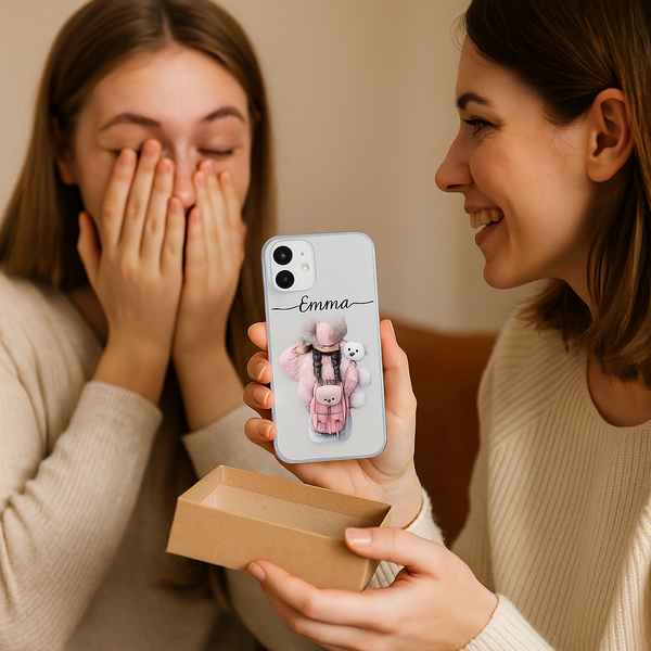 Personalized Silicone Transparent Mobile Case – Soft Shockproof Cover with Custom Name for Girls | Cute Pink Winter Girl Design | Perfect Gift for Birthdays & Festivals