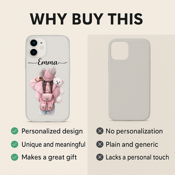 Personalized Silicone Transparent Mobile Case – Soft Shockproof Cover with Custom Name for Girls | Cute Pink Winter Girl Design | Perfect Gift for Birthdays & Festivals