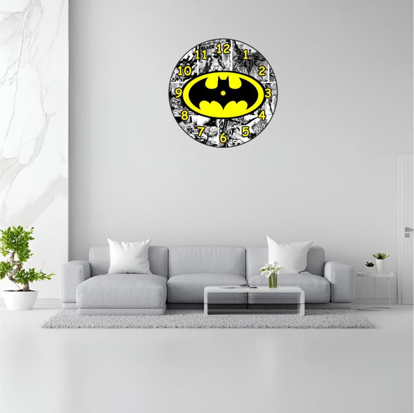 Superhero Batman Comic Wall Clock, Black and Yellow Logo Design Best for Return Gift Birthday | Kids | Room | Home | Office (12 INCH)