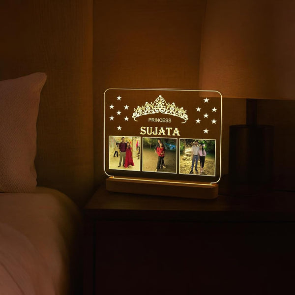 Customized LED Acrylic Photo Frame with Wooden Base | Personalized Picture Frame with Photos & Name | Unique Birthday Anniversary Gift for Couple, Friends & Family | 6x8 Inch with 12V Adapter