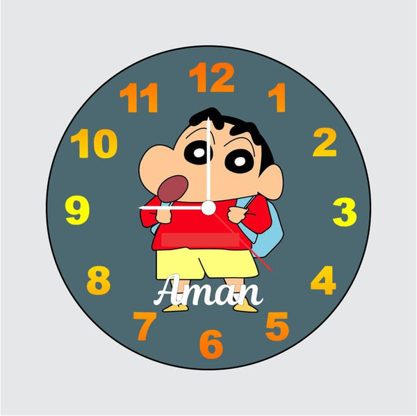 Customized Shinchan Wall Clock with Name | 12 Inch 6mm MDF Matte Finish | Personalized Cartoon Kids Wall Clock