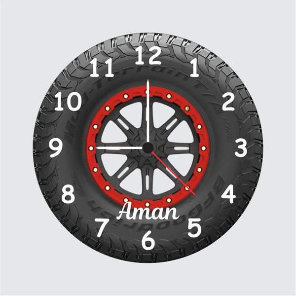 Customized Tire Wheel Wall Clock with Name | 12 Inch 6mm MDF Matte Finish | Personalized Automotive Design Clock