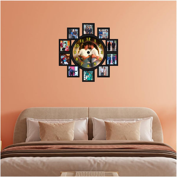 Personalized MDF Wall Clock with 11 Photos Custom Couple Family Picture Frame Analog Clock for Home Living Room Bedroom Decor Gift for Anniversary Birthday 12x12 Inch 5mm Thick