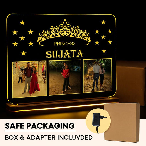 Customized LED Acrylic Photo Frame with Wooden Base | Personalized Picture Frame with Photos & Name | Unique Birthday Anniversary Gift for Couple, Friends & Family | 6x8 Inch with 12V Adapter