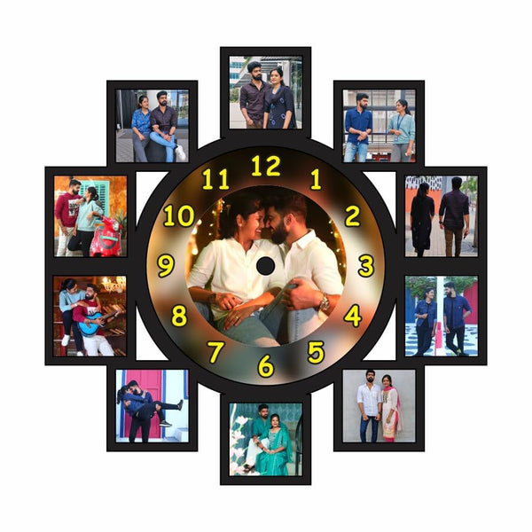 Personalized MDF Wall Clock with 11 Photos Custom Couple Family Picture Frame Analog Clock for Home Living Room Bedroom Decor Gift for Anniversary Birthday 12x12 Inch 5mm Thick