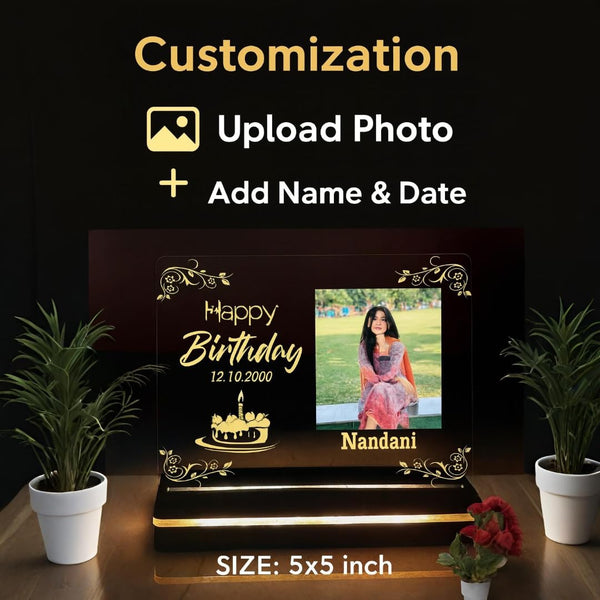 Customized Acrylic LED Photo Frame with Wooden Base & 12V Adapter | Personalized Birthday, Anniversary & Couple Gift | Engraved Acrylic Night Lamp (6x8 inch)