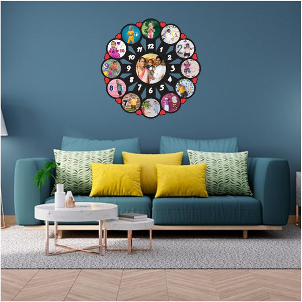 Baby Monthly Milestone MDF Wall Clock – Custom 12 Photo Personalized Analog Wall Clock with Family Picture | Unique Newborn Memory Gift, Birthday & Baby Shower Home Decor – 12x12 in