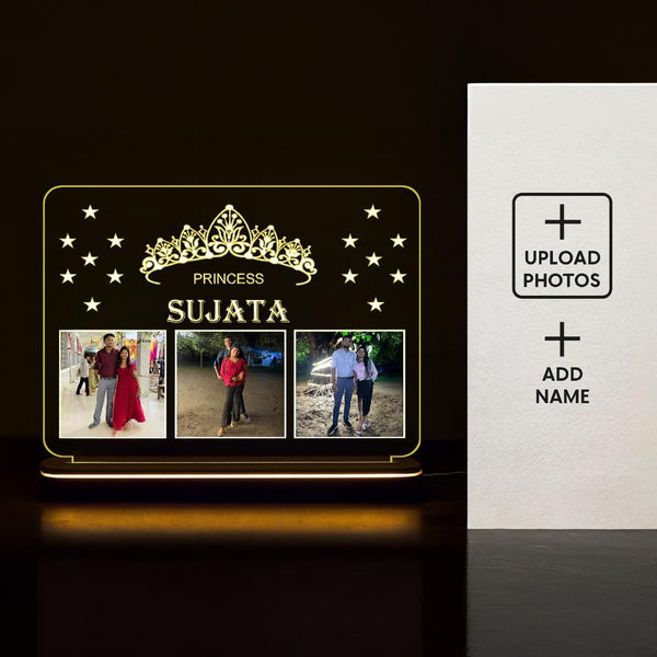 Customized LED Acrylic Photo Frame with Wooden Base | Personalized Picture Frame with Photos & Name | Unique Birthday Anniversary Gift for Couple, Friends & Family | 6x8 Inch with 12V Adapter