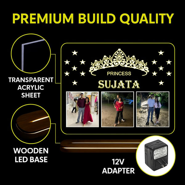 Customized LED Acrylic Photo Frame with Wooden Base | Personalized Picture Frame with Photos & Name | Unique Birthday Anniversary Gift for Couple, Friends & Family | 6x8 Inch with 12V Adapter
