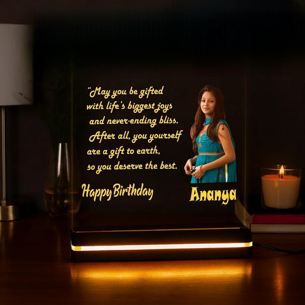 Personalized Acrylic LED Photo Frame with Wooden Base | Custom Birthday Gift with Name & Picture | Engraved Message Lamp with 12V Adapter (6x8 inch)