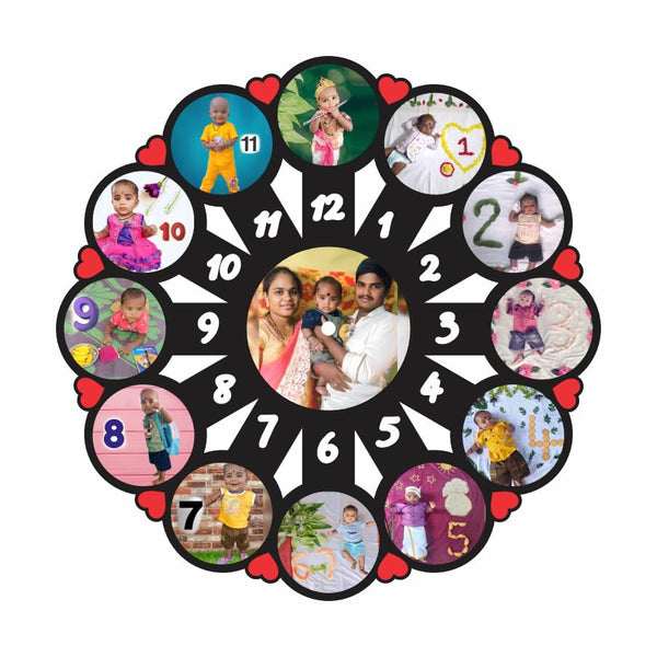 Baby Monthly Milestone MDF Wall Clock – Custom 12 Photo Personalized Analog Wall Clock with Family Picture | Unique Newborn Memory Gift, Birthday & Baby Shower Home Decor – 12x12 in