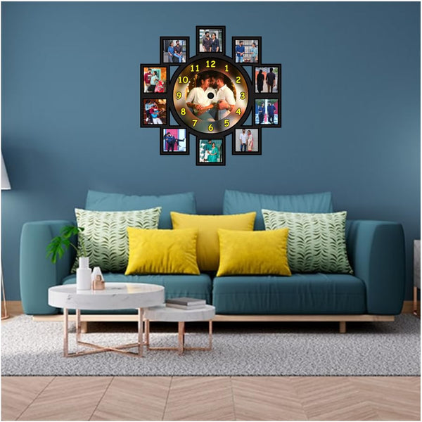 Personalized MDF Wall Clock with 11 Photos Custom Couple Family Picture Frame Analog Clock for Home Living Room Bedroom Decor Gift for Anniversary Birthday 12x12 Inch 5mm Thick