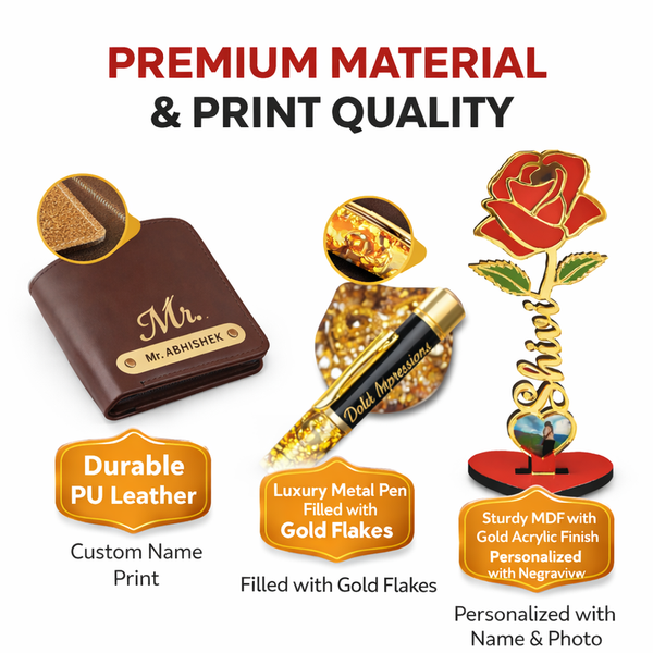Kritishaa | Valentine Combo Gift Set for Men | Personalized Wallet Pen MDF Rose Chocolate | PU Leather Metal Acrylic | Daily Use Romantic Surprise | Gift for Boyfriend Husband Boss | Birthday Anniversary Valentine | Premium Love Hamper