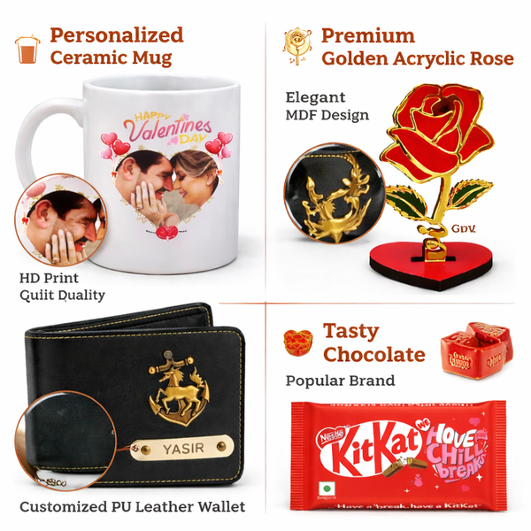 Kritishaa | 4 in 1 Customized Gift Combo Set | Photo Printed Mug Golden Acrylic Rose PU Wallet Chocolate | Romantic Personalized Gift for Couple | Valentine Anniversary Birthday | Memory Keepsake
