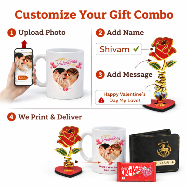 Kritishaa | 4 in 1 Customized Gift Combo Set | Photo Printed Mug Golden Acrylic Rose PU Wallet Chocolate | Romantic Personalized Gift for Couple | Valentine Anniversary Birthday | Memory Keepsake