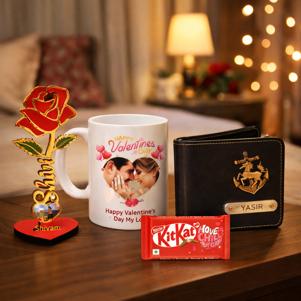 Kritishaa | 4 in 1 Customized Gift Combo Set | Photo Printed Mug Golden Acrylic Rose PU Wallet Chocolate | Romantic Personalized Gift for Couple | Valentine Anniversary Birthday | Memory Keepsake