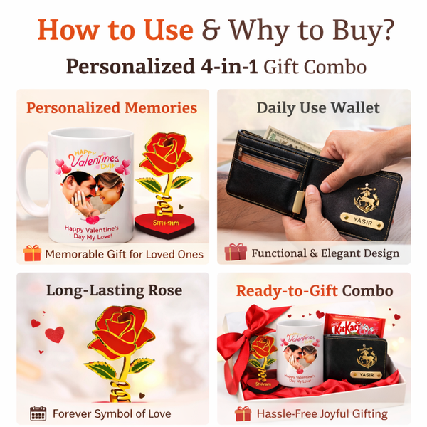 Kritishaa | 4 in 1 Customized Gift Combo Set | Photo Printed Mug Golden Acrylic Rose PU Wallet Chocolate | Romantic Personalized Gift for Couple | Valentine Anniversary Birthday | Memory Keepsake