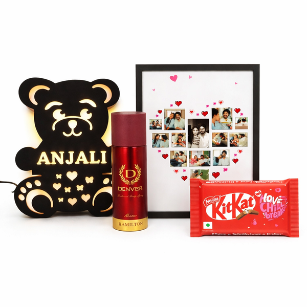 Kritishaa | 4 in 1 Customized Gift Combo | LED Teddy MDF Photo Frame Set | Wooden LED MDF Teddy Photo Frame Perfume Chocolate Combo | Romantic Surprise Gift | For Girlfriend Wife | Birthday Anniversary Valentine Gift