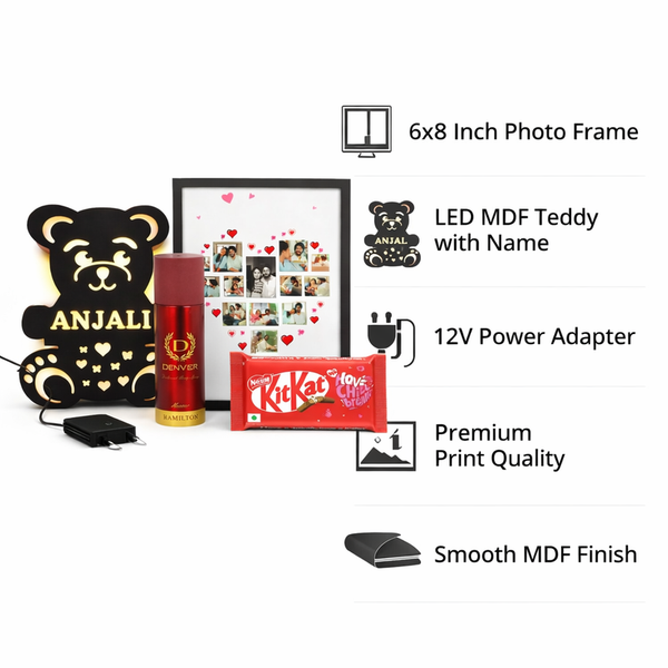 Kritishaa | 4 in 1 Customized Gift Combo | LED Teddy MDF Photo Frame Set | Wooden LED MDF Teddy Photo Frame Perfume Chocolate Combo | Romantic Surprise Gift | For Girlfriend Wife | Birthday Anniversary Valentine Gift