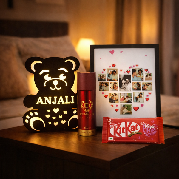 Kritishaa | 4 in 1 Customized Gift Combo | LED Teddy MDF Photo Frame Set | Wooden LED MDF Teddy Photo Frame Perfume Chocolate Combo | Romantic Surprise Gift | For Girlfriend Wife | Birthday Anniversary Valentine Gift