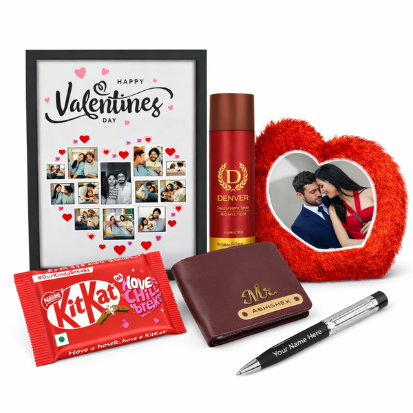 Kritishaa | 6 in 1 Valentine Gift Combo Set | Personalized Photo Frame Pillow Wallet Pen | PU Leather Fur Cushion Metal Pen | Romantic Gift for Couple | Valentine Anniversary Birthday | Memorable Surprise