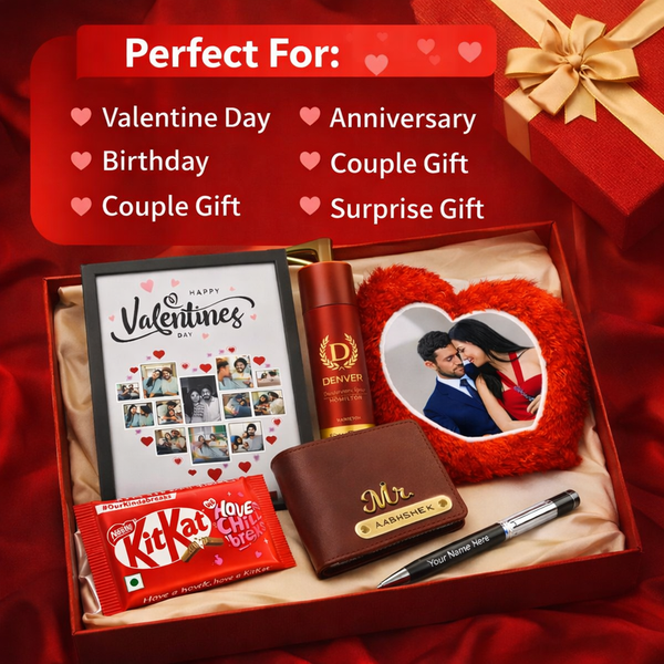 Kritishaa | 6 in 1 Valentine Gift Combo Set | Personalized Photo Frame Pillow Wallet Pen | PU Leather Fur Cushion Metal Pen | Romantic Gift for Couple | Valentine Anniversary Birthday | Memorable Surprise