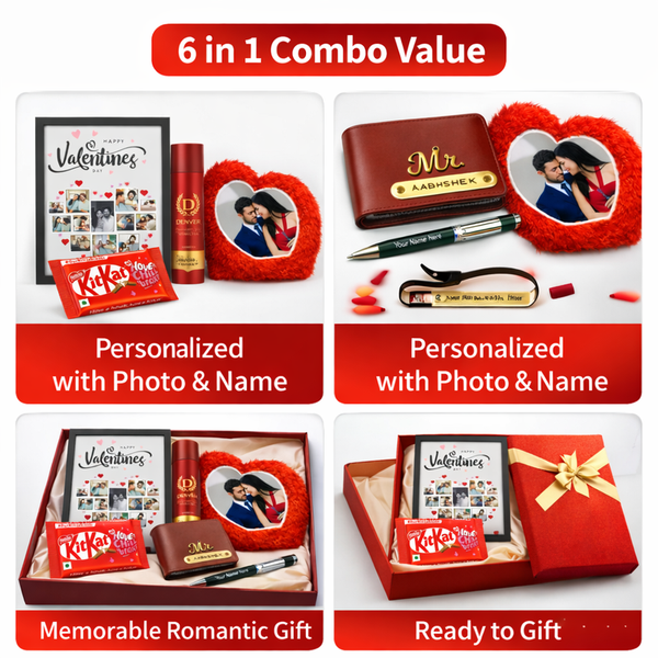 Kritishaa | 6 in 1 Valentine Gift Combo Set | Personalized Photo Frame Pillow Wallet Pen | PU Leather Fur Cushion Metal Pen | Romantic Gift for Couple | Valentine Anniversary Birthday | Memorable Surprise